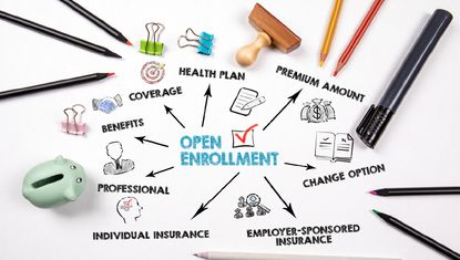Open enrollment concept with keywords and icons on a white background with colored pencils..