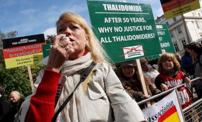 Thalidomide victims rallied against the German drugmaker Grunenthal in 2008, half a century after the company launched the notorious morning sickness pill.