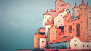 Townscaper - a seaside collection of stone houses and towers at sunset