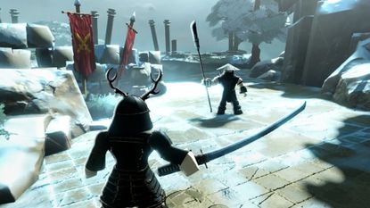 Two players battle on a snowy arena in Dueling Grounds.