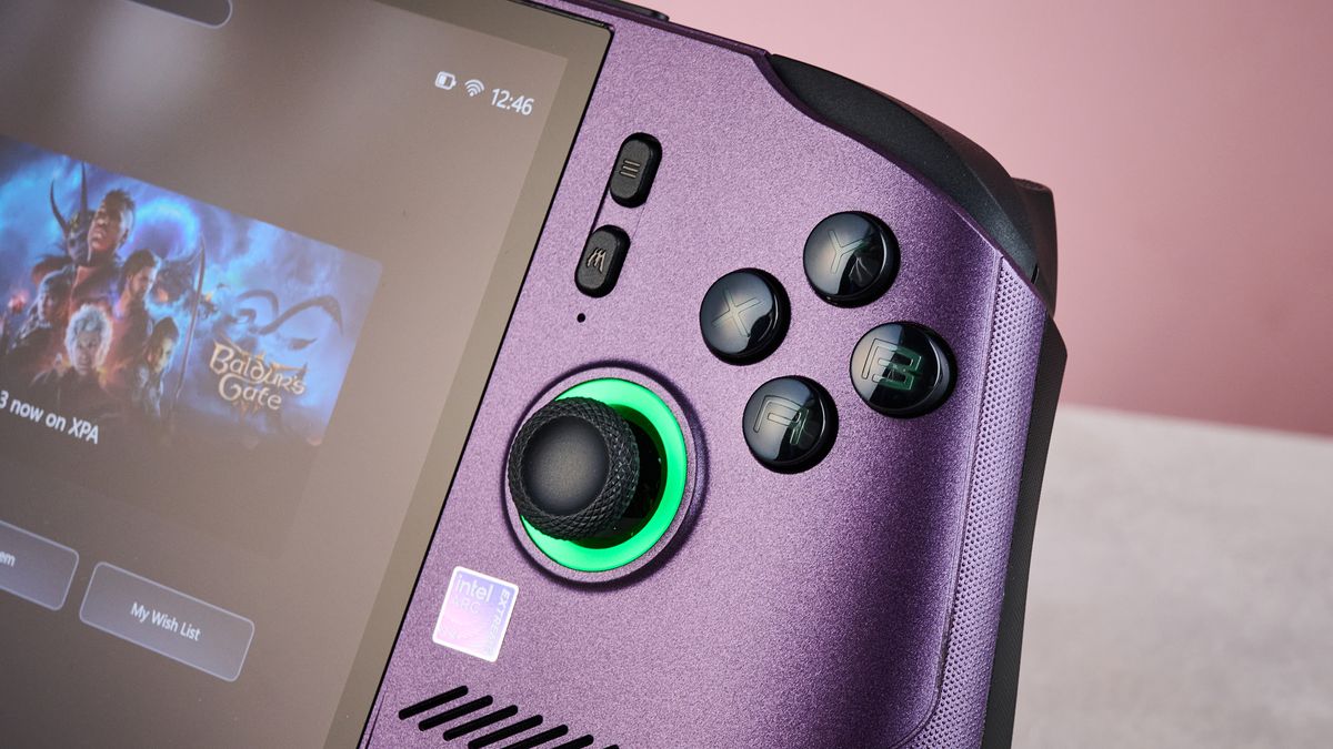 A closeup of the MSI Claw 8 EX AI+, showing its right thumbstick, face buttons, Menu button and MSI Center M button.