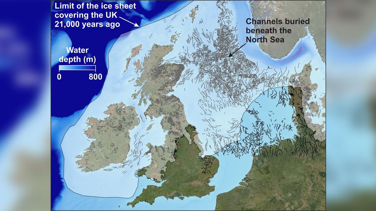 A map of the North Sea showing the distribution of buried channels (tunnel valleys) that have been previously mapped using 3D seismic reflection technology.