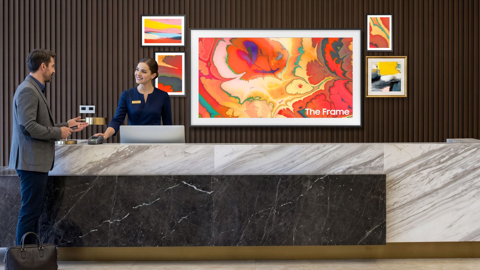 Samsung's new The Frame display in use in hotels for both digital artwork and messaging.