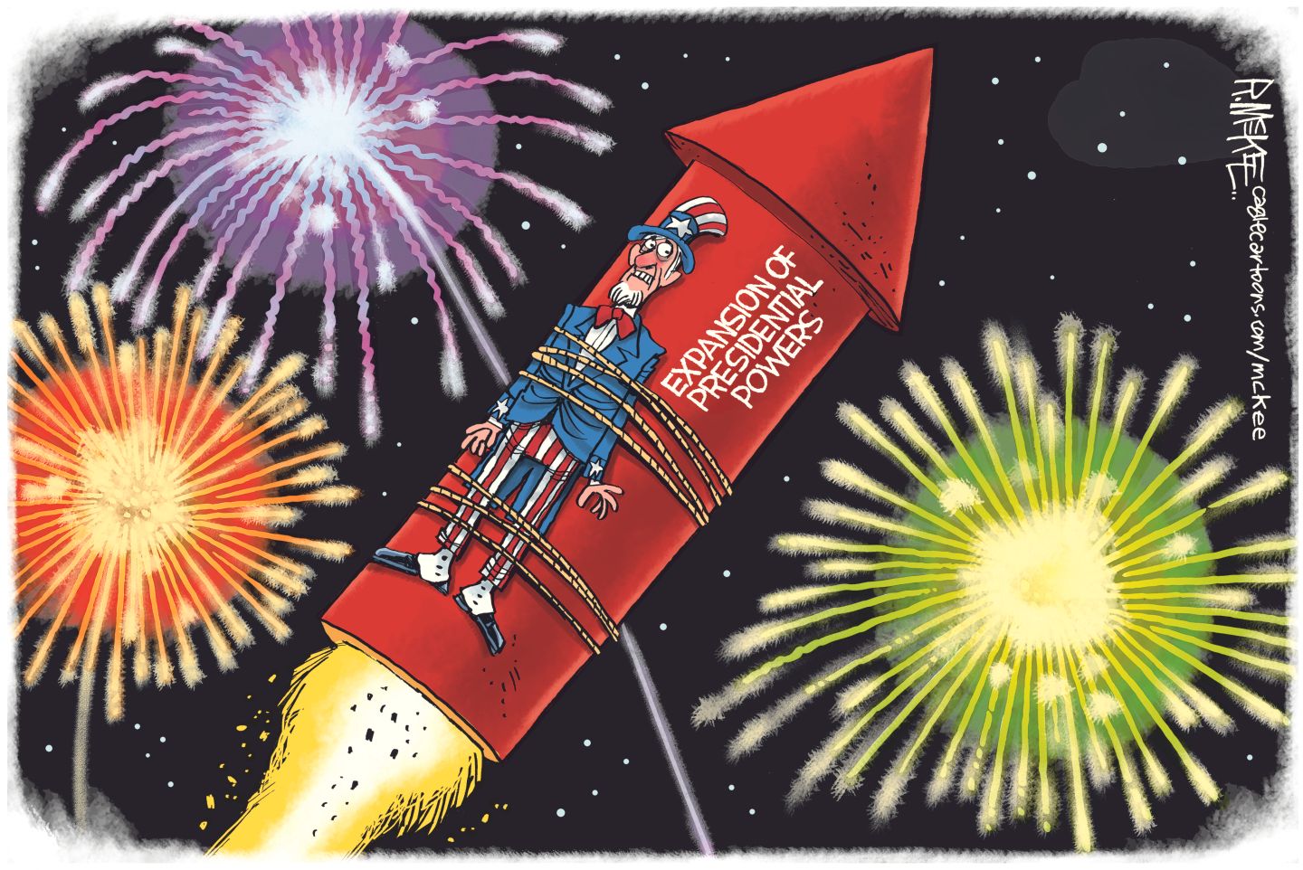 
                                This cartoon shows a frightened Uncle Sam strapped to a giant firework in the sky surrounded by explosions. The firework is labeled “Expansion of presidential powers.”
                            