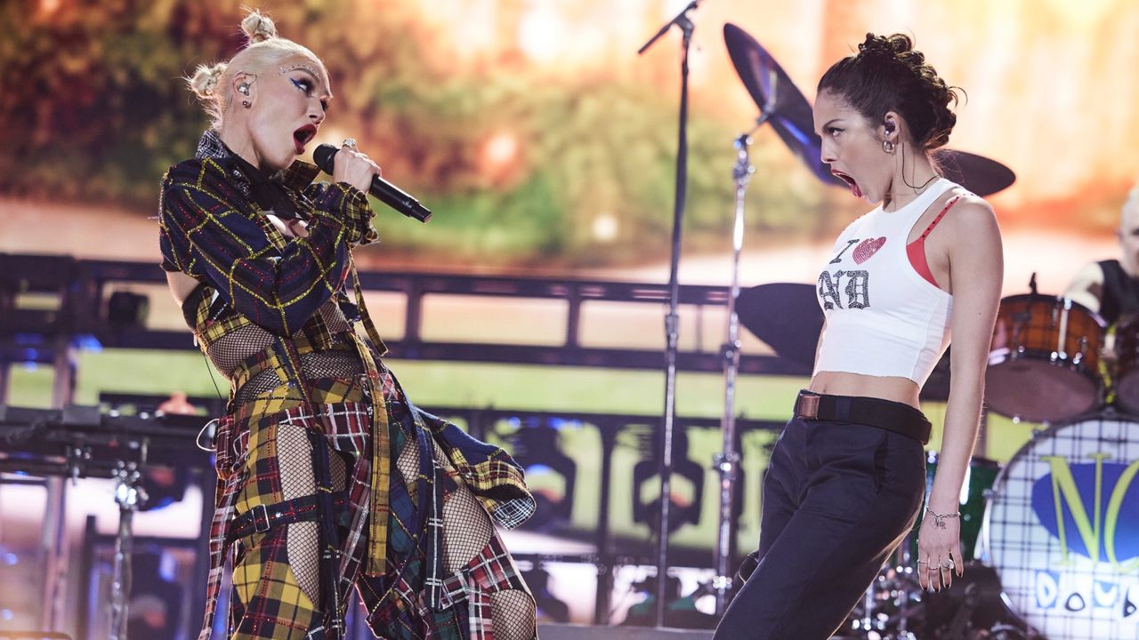 Olivia Rodrigo performs onstage at Coachella with Gwen Stefani in a custom Victoria&#039;s Secret crop top