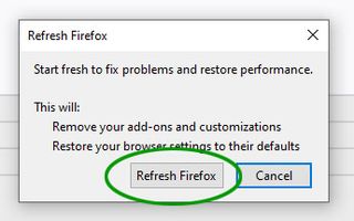 A button to 'refresh Firefox' in a browser pop-up dialogue box.