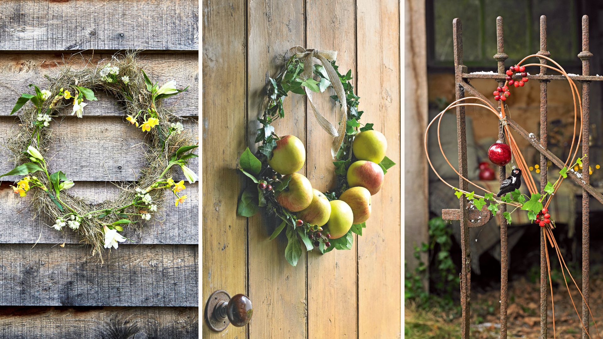Compilation image of three seasonal wreaths made using twig wreath bases