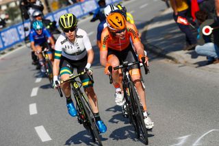 Amanda Spratt (Australia) alongside Anna van der Breggen (Netherlands) at the 2018 Road World Championships, where the Australian went on to claim silver