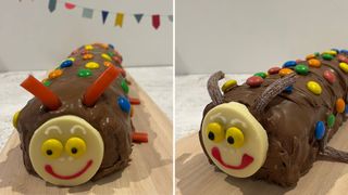 how to make a caterpillar cake: the finished cakes with strawberry pencils or fizzy cola lances