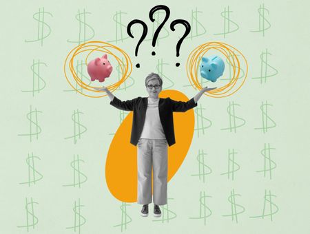 Woman holding two piggy banks, with question marks over her head.