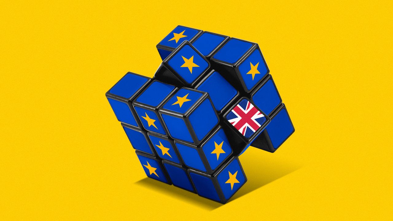 A Rubik&#039;s cube with EU colours and a Union Jack