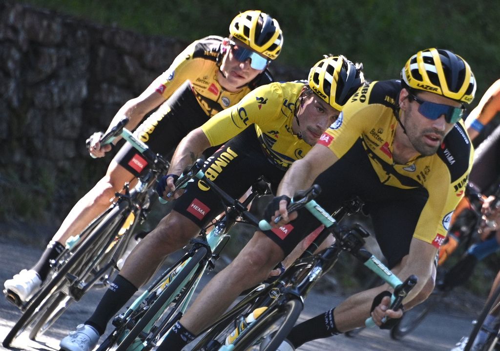 Team Jumbo rider Slovenias Primoz Roglic c wearing the overall leaders yellow jersey rides during the fourth stage of the 72nd edition of the Criterium du Dauphine cycling race 153 km between Ugine and Megeve on August 15 2020 Photo by AnneChristine POUJOULAT AFP Photo by ANNECHRISTINE POUJOULATAFP via Getty Images