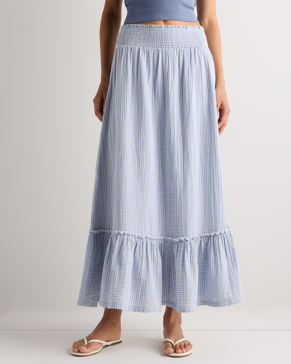 Organic Cotton Gauze Smocked Maxi Skirt in Blue Gingham
