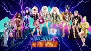 The cast of RuPaul's Drag Race: UK Versus the World with lightning and graphics behind them in the poster art