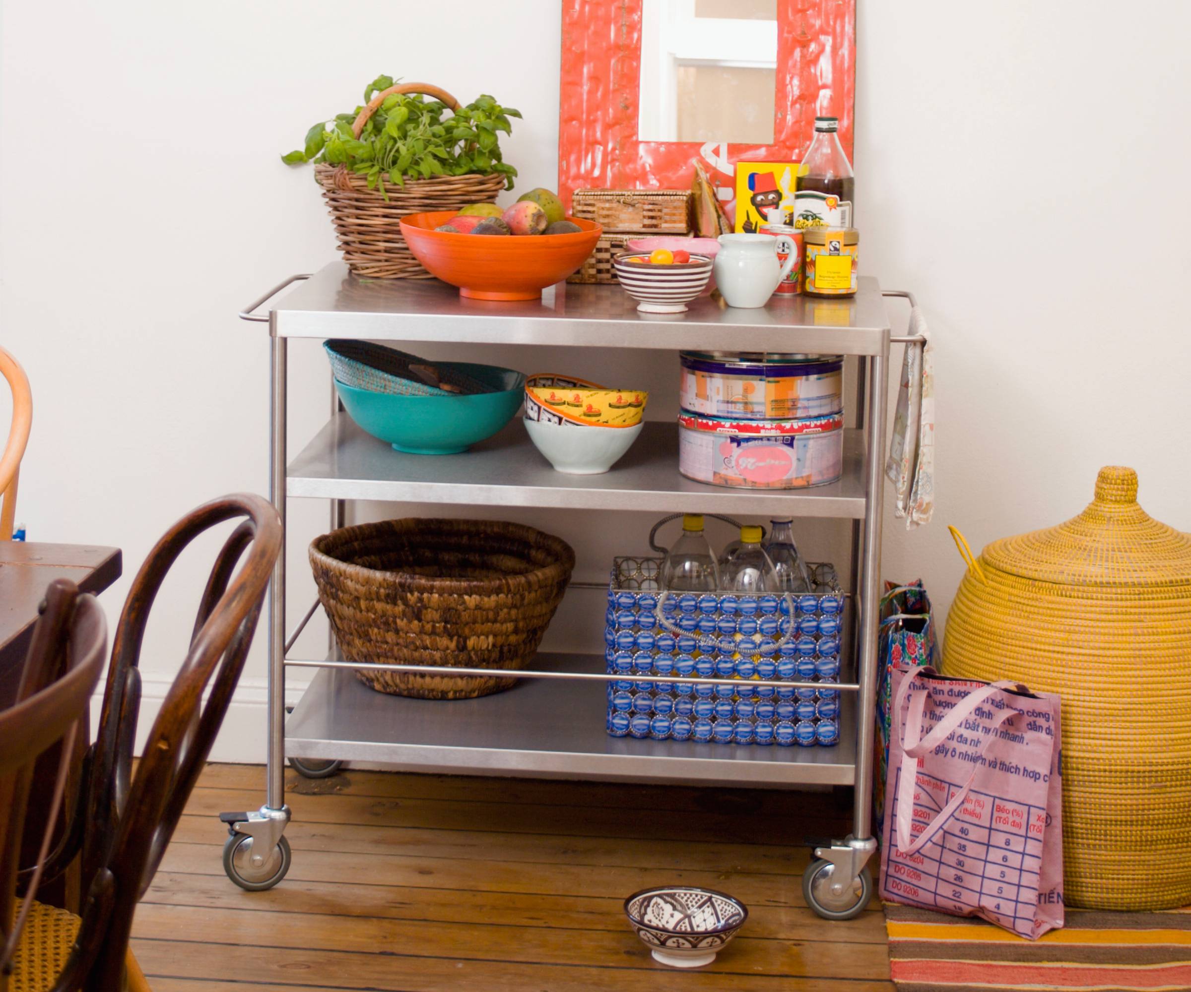 A utility cart in a kitchen