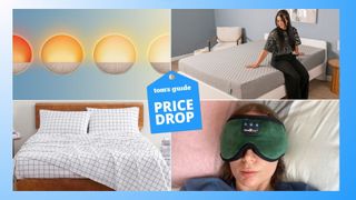 Collage of sleep products including sunrise alarm clocks, black and white check bedding, a woman sitting on grey Siena mattress in sleep studio and a women wearing green sleep mask with Tom's Guide price drop logo