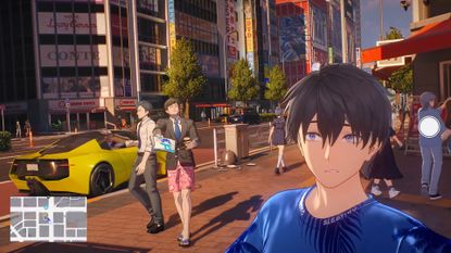 A character takes a selfie in Ananta on the streets of Nova City as a man in boxers tries to hand him a flyer, from the PlayStation gameplay trailer