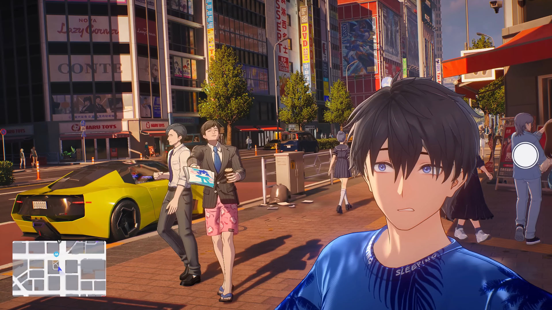 A character takes a selfie in Ananta on the streets of Nova City as a man in boxers tries to hand him a flyer, from the PlayStation gameplay trailer