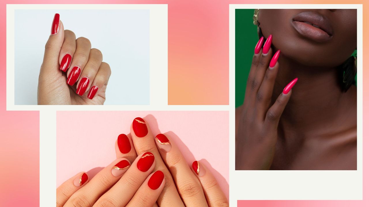 Valentine&#039;s Day nail art: picture of a all red manicure, a red and gold manicure and a pink, stiletto manicure/ in a pink and orange template