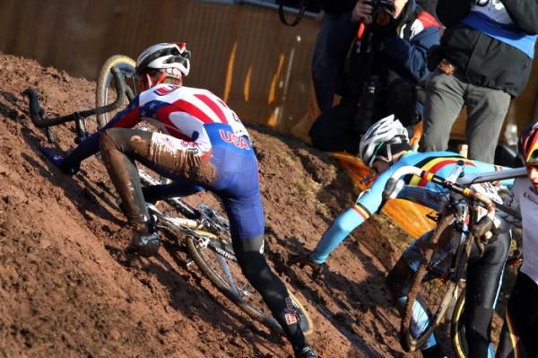 The muddy bank proved difficult for the junior men