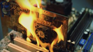 Fire Burning ,blazing computer motherboard, cpu,gpu video card, processor on circuit board 