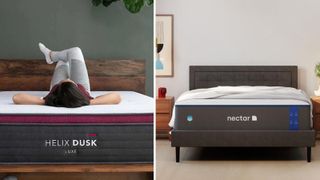 A Helix Dusk Luxe Mattress beside a Nectar Memory Foam Mattress.