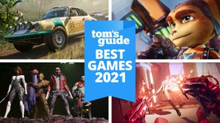 A logo reading &#039;Tom&#039;s Guide Best Games 2021&#039; on a blue background, surrounded by screenshots for Ratchet And Clank, Deathloop, Guardians of the Galaxy and Forza Horizon 5 games