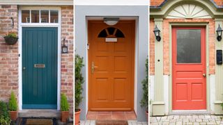 collage of three front doors, the first is a deep teal, the second a warm terracotta and the third a vibrant coral to illustrate the best front door colours to choose in 2024