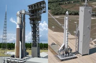 Renderings of United Launch Alliance's Atlas V crew access tower and SpaceX's modified-for-Falcon-rockets Launch Pad 39A.
