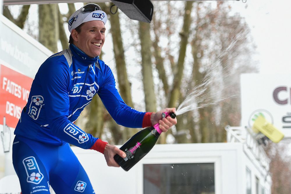 Arnaud Demare, of FDJ, sprays champagne to celebrate winning the Team Time Trial on day one of the tour of 'La Mediterraneenne'