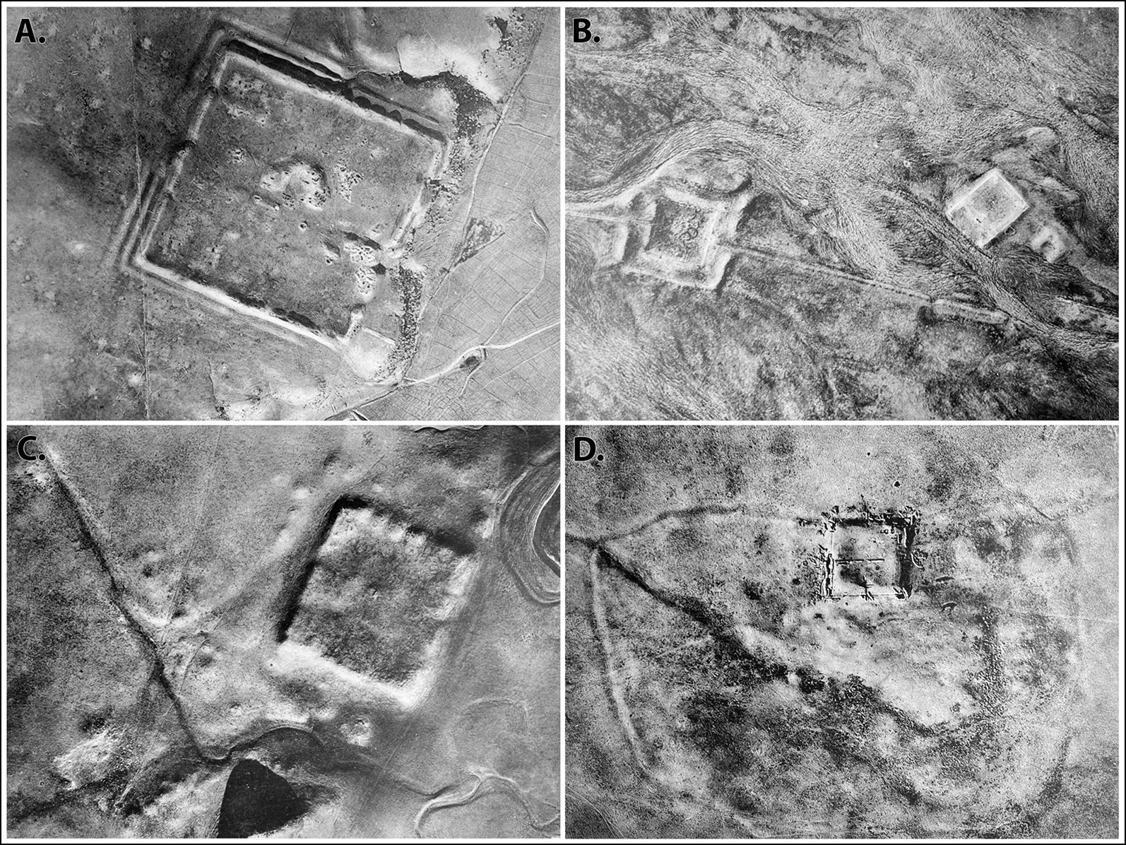 black and white images of the desert floor showing large rectangular structures