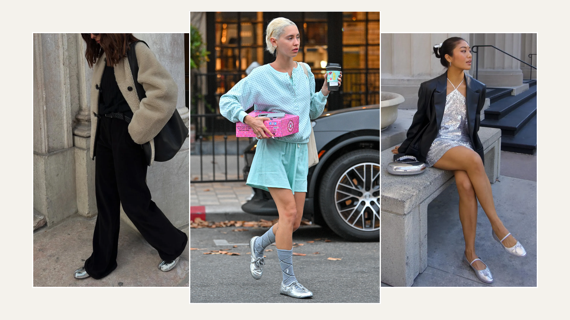 An image of the silver flat trend on style insiders like Iris Law and @deborabrosa.