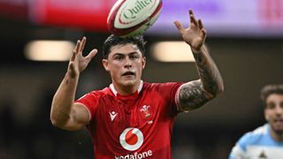 Wales' Louis Rees-Zammit catches the ball during the Autumn Nations Series International rugby union test match between Wales and Argentina at the Principality Stadium, in Cardiff on November 9, 2025. 