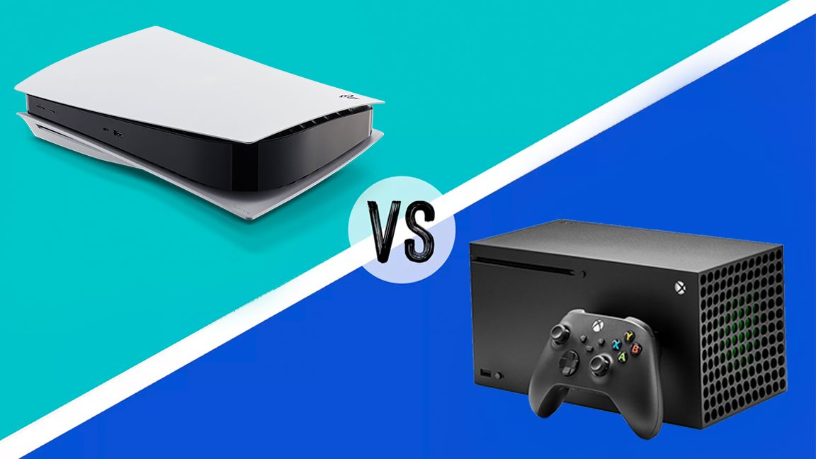 PS5 vs Xbox Series X; a white games console and a black games console on a coloured background