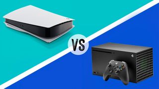 PS5 vs Xbox Series X; a white games console and a black games console on a coloured background