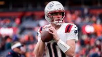Drake Maye #10 of the New England Patriots warms up prior to the AFC Championship NFL football game against the Denver Broncos ahead of Super Bowl LX