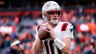 Drake Maye #10 of the New England Patriots warms up prior to the AFC Championship NFL football game against the Denver Broncos ahead of Super Bowl LX