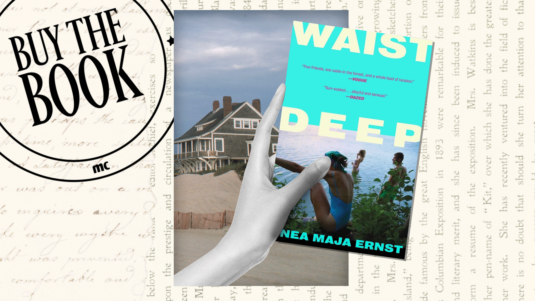a gif of book covers of books about vacation homes over a photo of a beach house opposite the marie claire branded buy the book franchise art