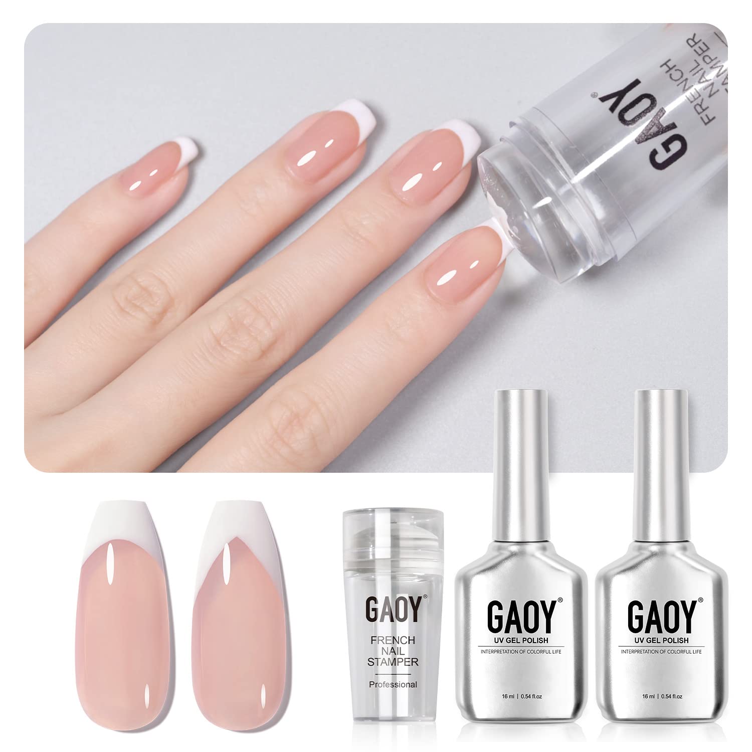 Gaoy French Manicure Kit, Nail Stamper and 2pcs Gel Nail Polish, Include Nude Jelly Pink White Colors for French Tip, Uv Light Cure