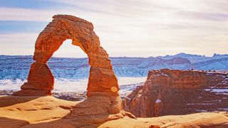 Delicate Arch at Arches National Park Utah in winter
