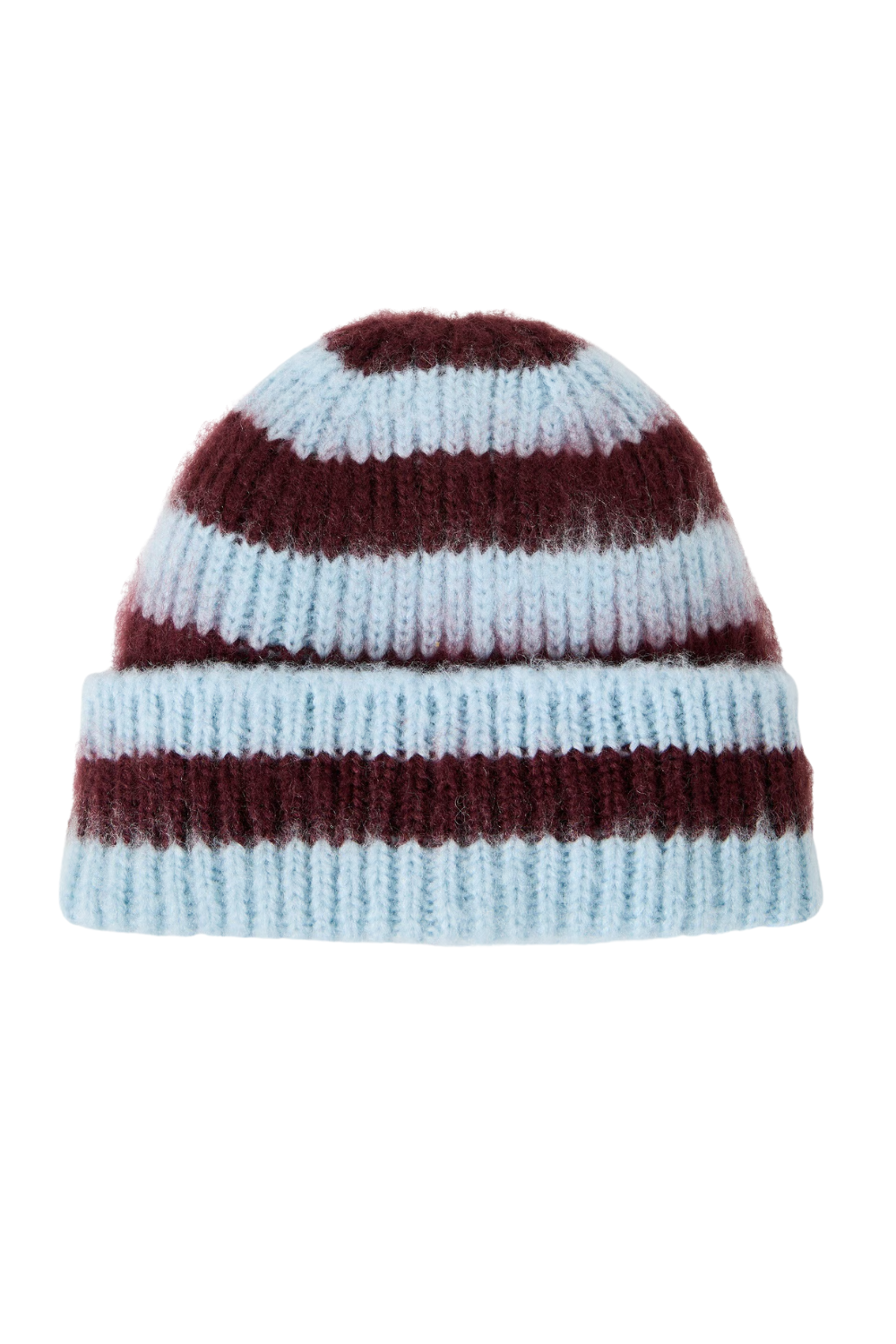 Blue &amp;amp; Burgundy Striped Fluffy Knitted Beanie Hat | Oliver Bonas