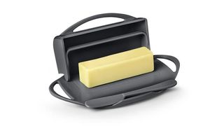 Flip-top butter dish and spreader