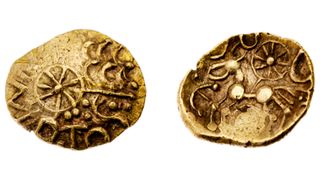 The front and back of the gold coin found in southeastern England.