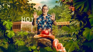 An image of Ted superimposed on a jungle background with temptations in the form of a hotel and Chinese take away. There is also a bright red apple in the foreground with a dangerous looking orange snake coiled around it. 