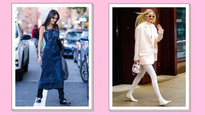 Bella and Gigi Hadid pictured wearing pumps/ Bella wears a pair of black pumps with a denim dress alongside a picture of Gigi wear an all-cream outfit with cream pumps/ in a pink template