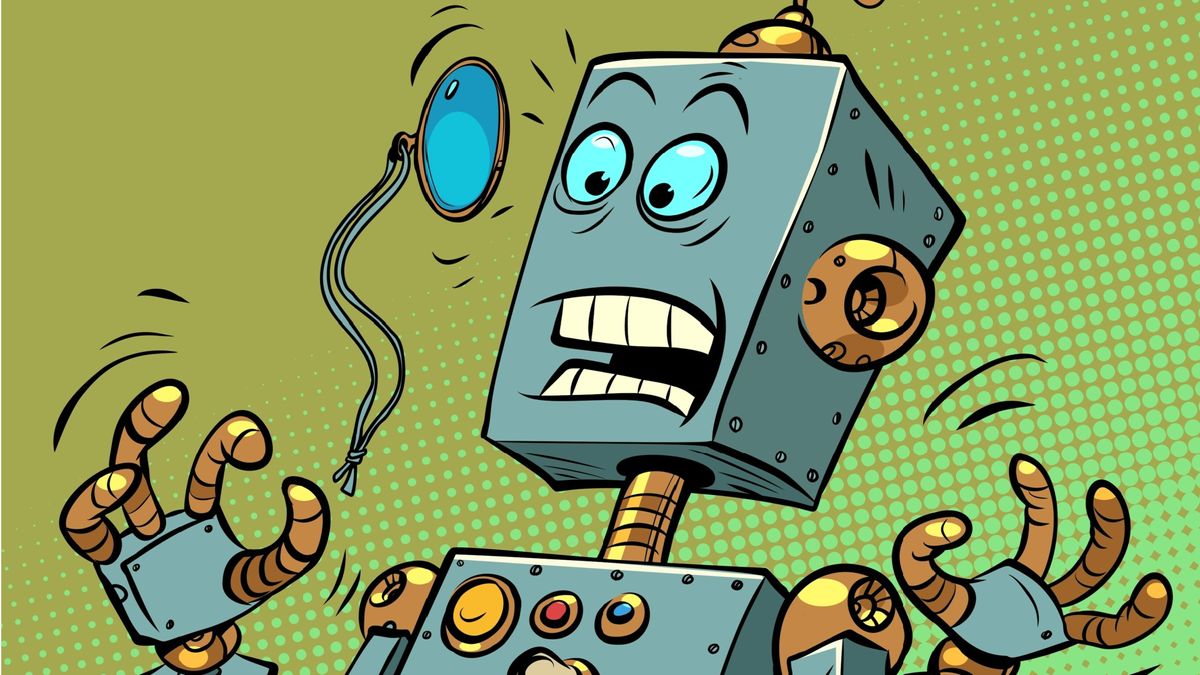 Cartoon of A surprised robot with a monocle.