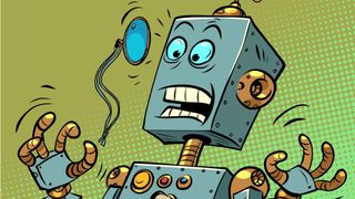 Cartoon of A surprised robot with a monocle.