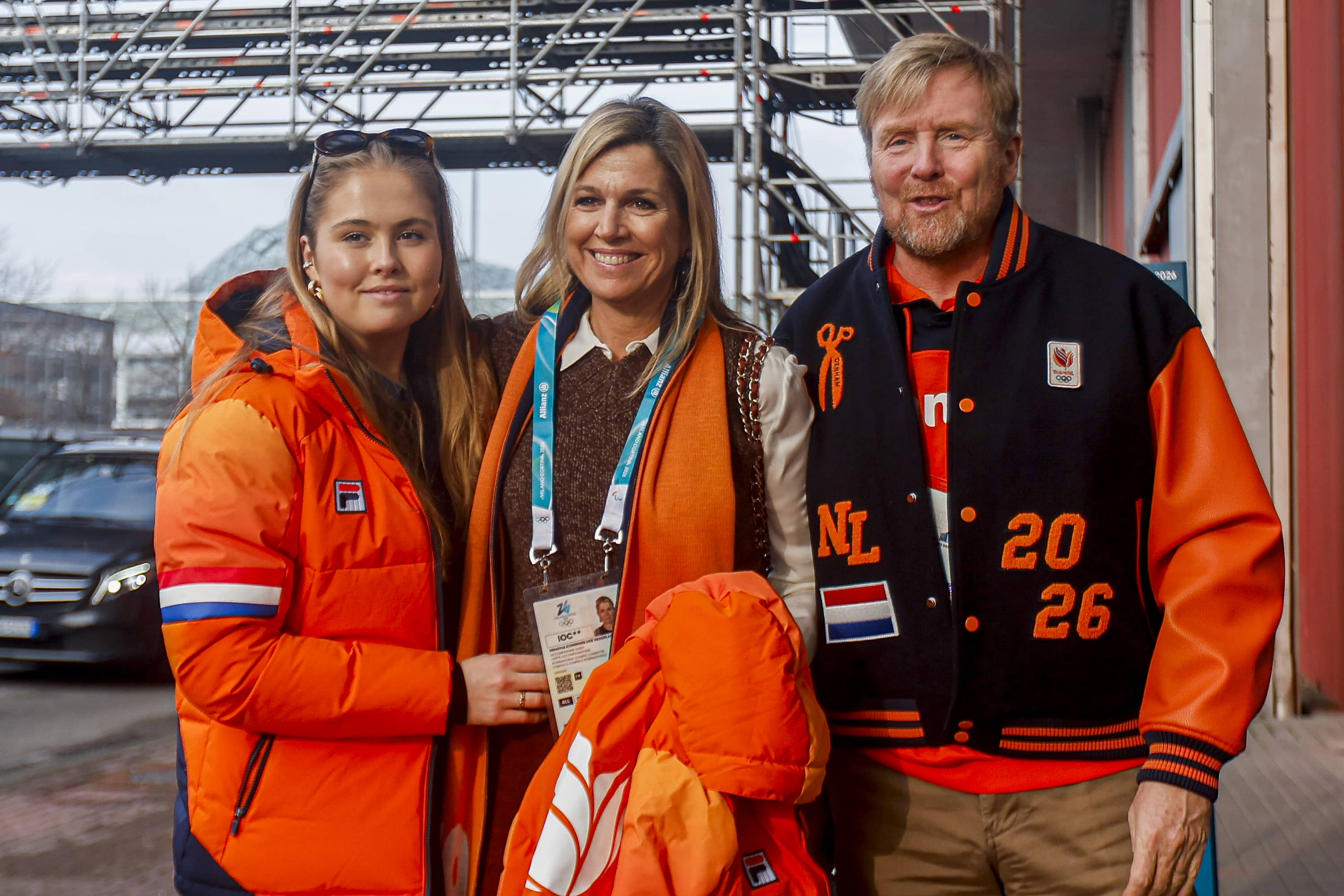 Princess Catharina-Amalia, Queen Maxima and King Willem-Alexander wearing orange jackets at the Olympics