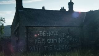 A quote from Revelations is shown on a wall with Jimmy graffiti next to it in 28 Years Later.