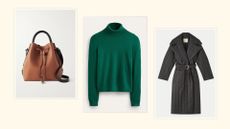 three items in Fashion black friday deals: A tan leather bucket bag, a forest green cashmere roll neck and a black quilted coat with tie waist belt